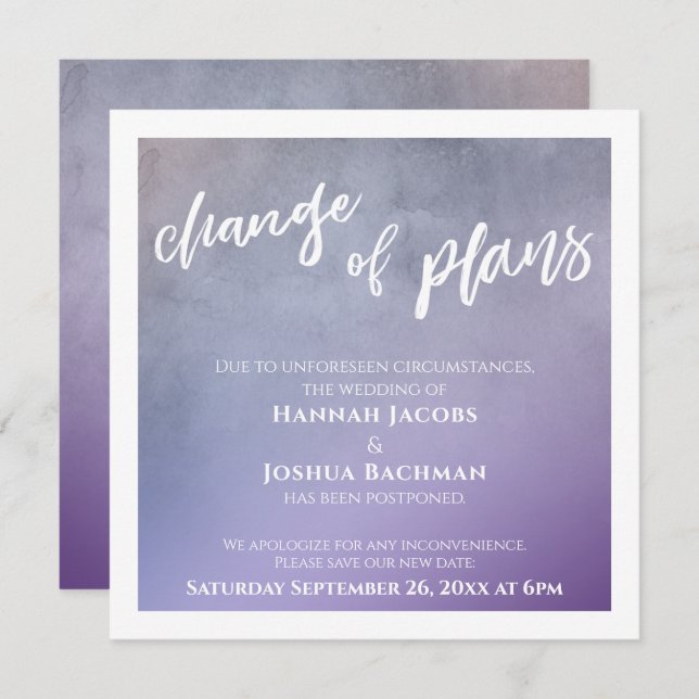 Purple Change of Plans Postponed Wedding Card (Front/Back)