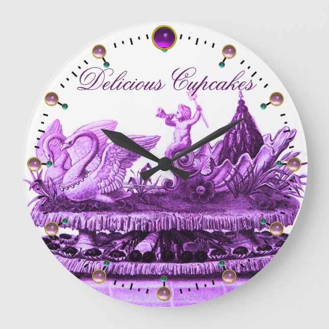 PURPLE CHARIOT OF SWANS WITH CUPCAKES AND PASTRY LARGE CLOCK (Front)