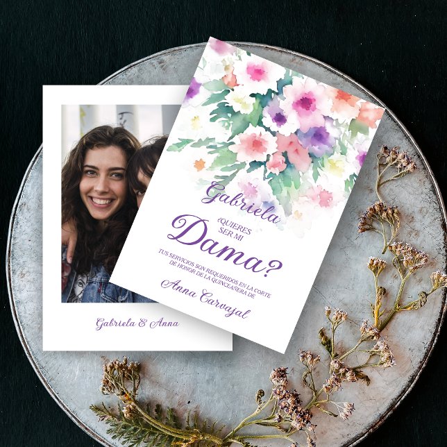 Purple Charming Delicate Wildflowers Quinceañera Invitation (Purple Spanish Charming Delicate Colorful Wildflowers Quinceañera Dama with Photo Proposal Card. )