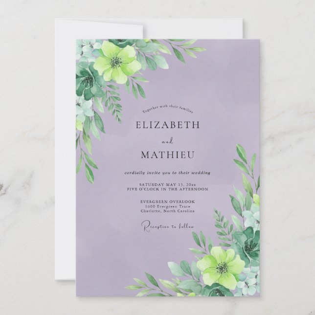 Purple Chartreuse Leafy Wedding Invitation (Front)