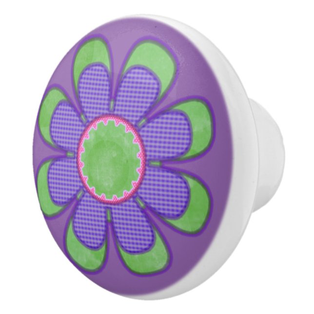 Purple Check Flower Ceramic Knob (Right)