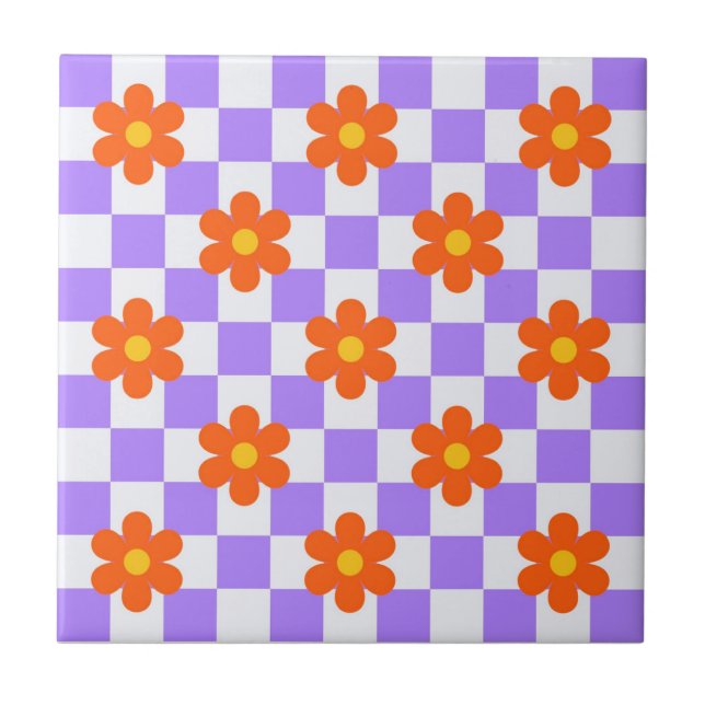 Purple Check Pattern With Orange Flower Tile (Front)