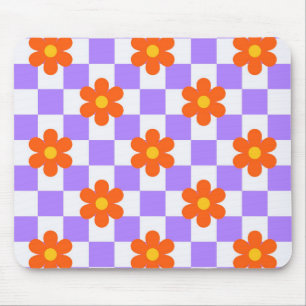 Purple Check Pattern With Orange Hippie Flower Mouse Mat