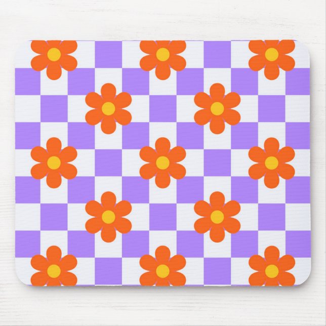 Purple Check Pattern With Orange Hippie Flower Mouse Mat (Front)