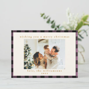 Purple Check Plaid Border 1 Photo Rustic Family Holiday Card