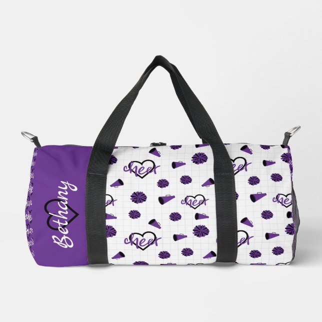 Purple Cheer Hearts, Pom Poms, Megaphone Pattern Duffle Bag (Front)