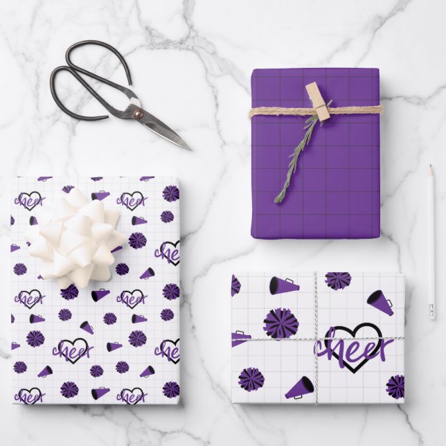 Purple Cheer Hearts, Pom Poms, Megaphone Pattern Wrapping Paper Sheet (Front)