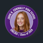 Purple Cheerleader Photo High School Spirit 7.5 Cm Round Badge<br><div class="desc">This cool customised high school cheerleader photo gift features white typography of your team and player name on a purple button. Personalise with your student's photograph and class year as a proud cheerleading parent. A mum and dad can wear these buttons to competition and games.</div>