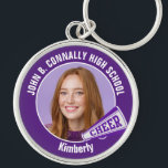 Purple Cheerleader Photo High School Spirit Key Ring<br><div class="desc">This cool customised high school cheerleader photo gift features white typography of your team and player name on a purple keychain with a cheer megaphone. Personalise with your student's photograph and class year as a proud cheerleading parent. A great gift for a mum or dad.</div>
