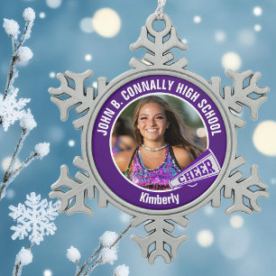 Purple Cheerleader Photo Personalised Snowflake Pewter Christmas Ornament