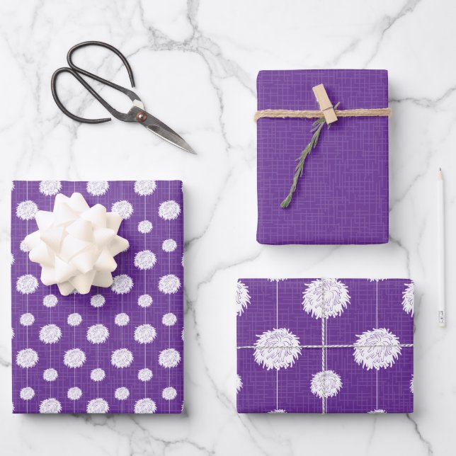 Purple Cheerleader Pom Pom Pattern Wrapping Paper Sheet (Front)
