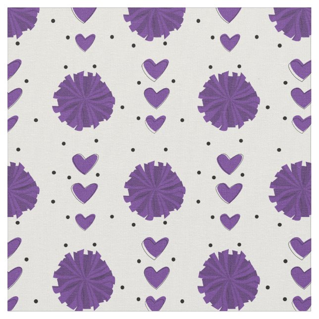 Purple Cheerleader Pom Poms & Hearts Pattern Fabric (Close Up)