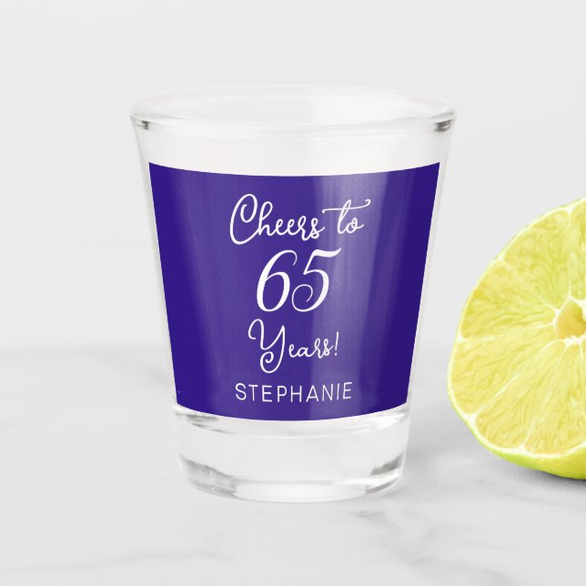 Purple Cheers to 65 Years 65th Birthday Party Shot Glass (Front)