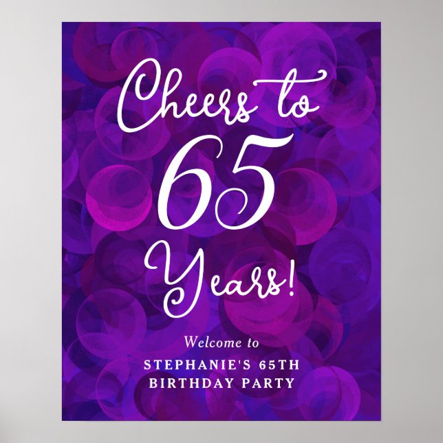 Purple Cheers to 65 Years Birthday Welcome Sign (Front)
