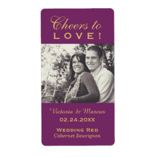 Purple Cheers to Love Wedding Photo Wine Bottle