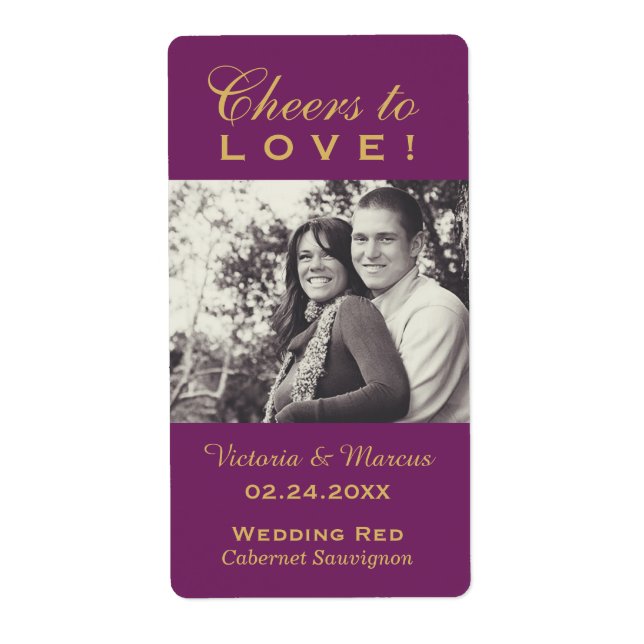 Purple Cheers to Love Wedding Photo Wine Bottle (Front)