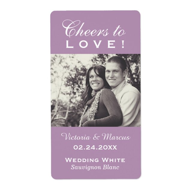 Purple Cheers to Love Wedding Photo Wine Bottle (Front)
