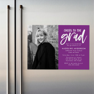Purple Cheers to the Grad Script Graduation Party Magnetic Invitation