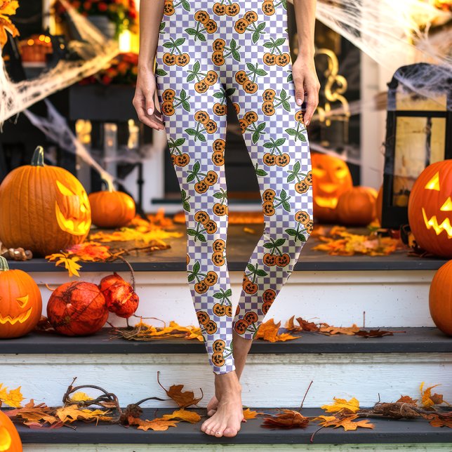 Purple Chequerboard Cherry Pumpkins Pattern Leggings (Creator Uploaded)