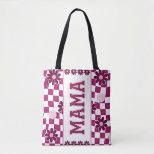 Purple Chequered and Purple Flowers MAMA Tote Bag