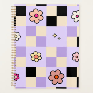 Purple Chequered Daisies Retro Flower Check Planner