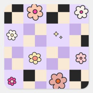 Purple Chequered Daisies Retro Flower Check Square Sticker