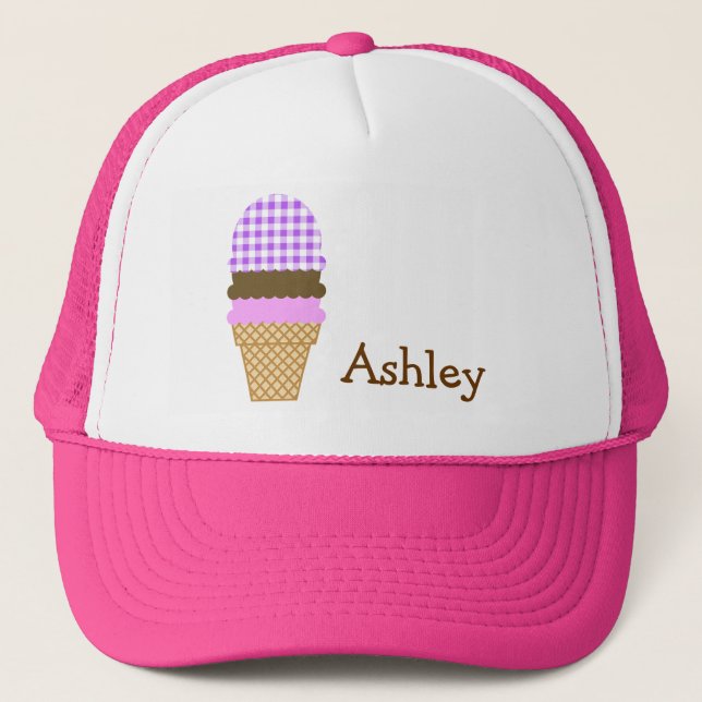 Purple Chequered Gingham; Ice Cream Cone Trucker Hat (Front)