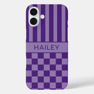 Purple Chequered Striped Personalised iPhone 16 Plus Case