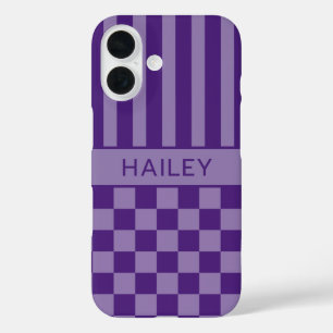 Purple Chequered Striped Personalised iPhone 16 Case