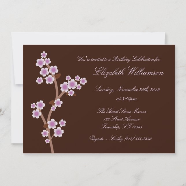 Purple Cherry Blossom Brown Birthday Invitations (Front)