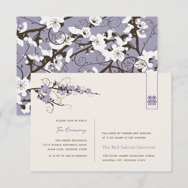 Purple Cherry Blossoms Asian Wedding Reception Invitation (Front/Back)
