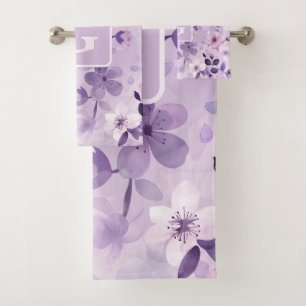 Purple cherry blossoms personalised monogram  bath towel set