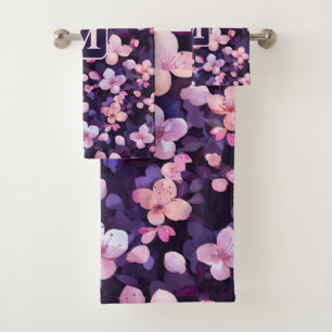 Purple cherry blossoms personalised monogram  bath towel set