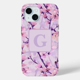 Purple cherry blossoms personalised monogram  iPhone 15 case