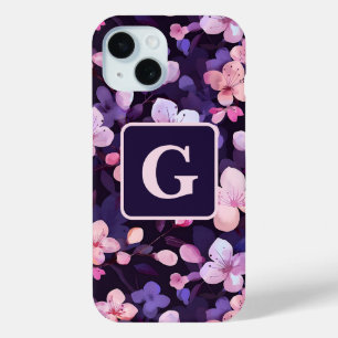 Purple cherry blossoms personalised monogram  iPhone 15 case