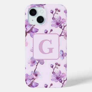 purple cherry blossoms personalised monogram iPhone 15 case