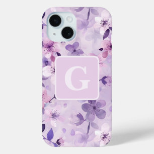 Purple cherry blossoms personalised monogram iPhone 15 case
