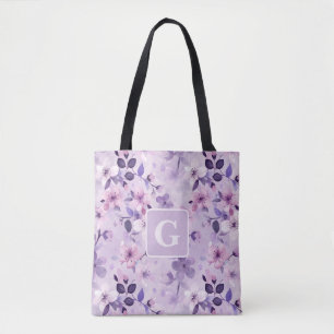 Purple cherry blossoms personalised monogram tote bag