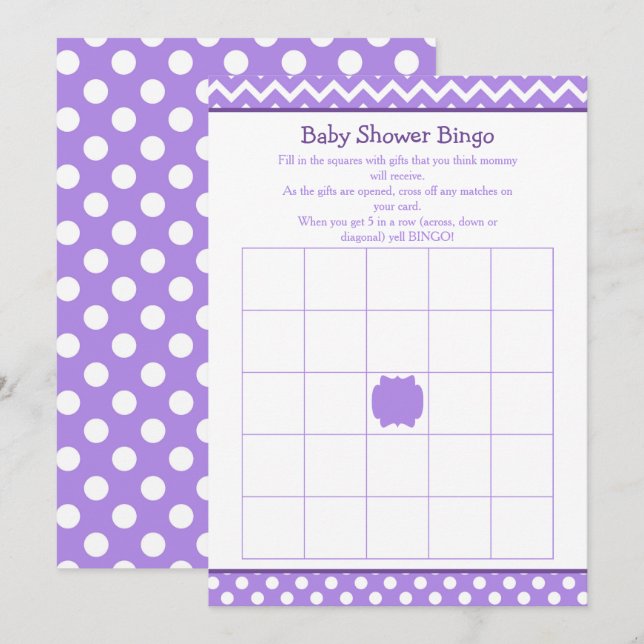 Purple Chevron and Polka Dot Baby Shower Bingo Invitation (Front/Back)