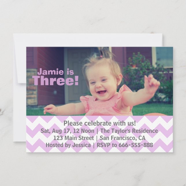 Purple Chevron Girl Birthday, Third Birthday Invitation (Front)