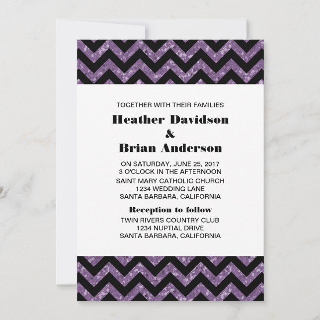 Purple Chevron Glitter Wedding Invite (Front)