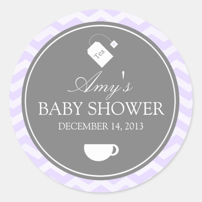 Purple Chevron High Tea Baby Shower Sticker (Front)