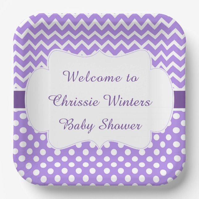 Purple Chevron & White Polka Dots Baby Shower Paper Plate (Front)