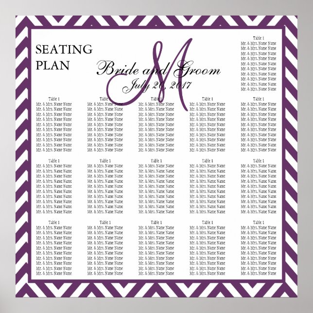 Purple Chevron Zig Zag Wedding Seating Chart (Front)