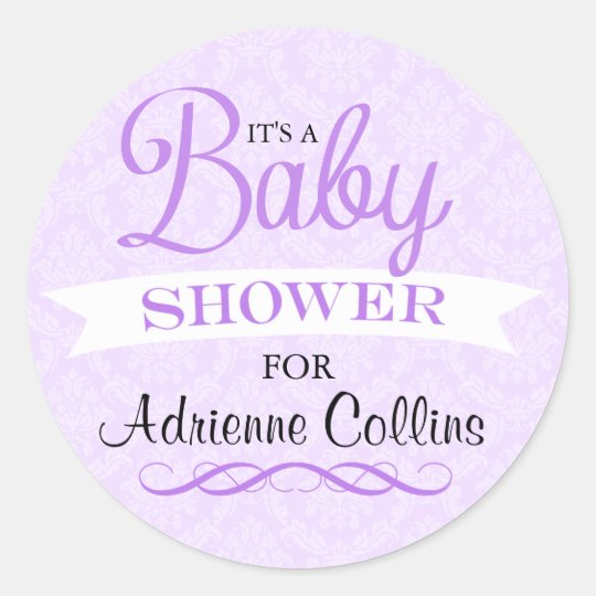 Purple Chic Damask Baby Shower Sticker