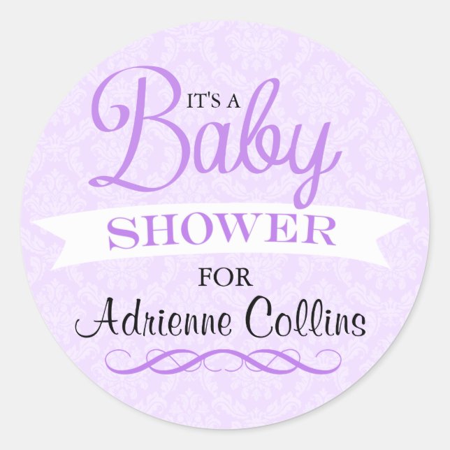 Purple Chic Damask Baby Shower Sticker (Front)