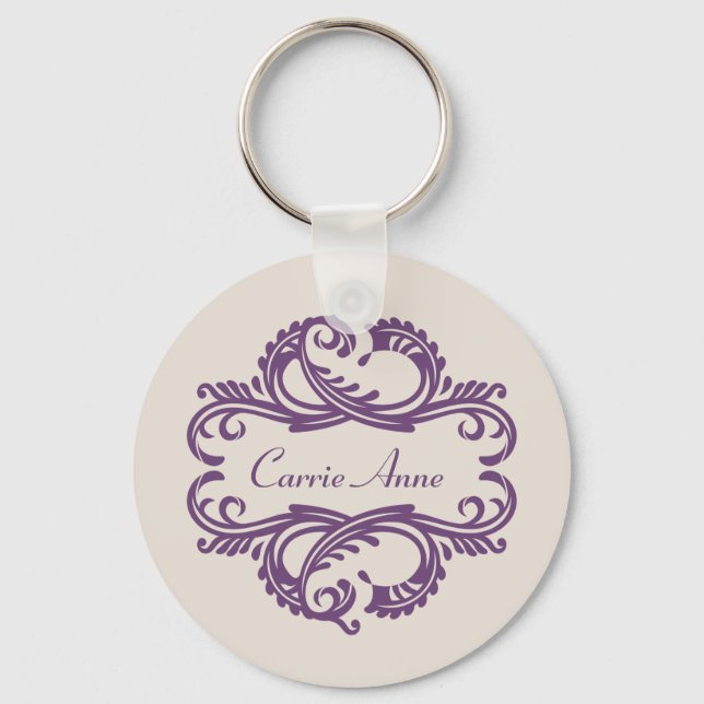 Purple Chic Damask Keychain (Front)