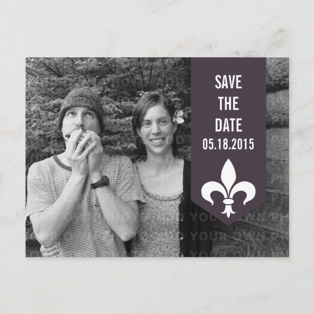 Purple Chic Flourish Banner Save the Date Postcard (Front)