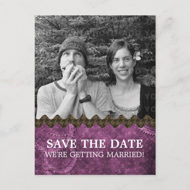 Purple Chic Steampunk Photo Save the Date Postcard (Front)