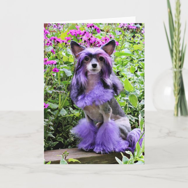 Purple Chinese Crested Dog in Pink Flowers Card (Front)